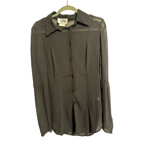 Trend Les Copains Organza Blouse Black Made in Italy Button Front Fancy Seaming